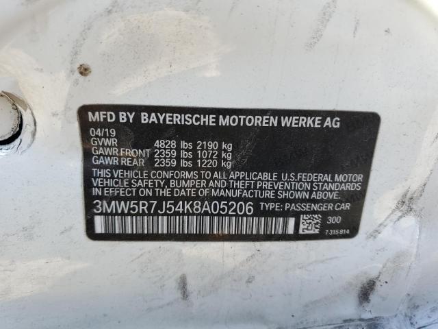 3MW5R7J54K8A05206 - 2019 BMW 330XI WHITE photo 10