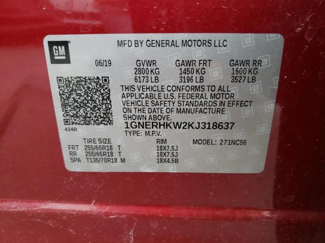 1GNERHKW2KJ318637 - 2019 CHEVROLET TRAVERSE L RED photo 13