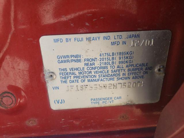 JF1SF65642H752074 - 2002 SUBARU FORESTER S RED photo 10