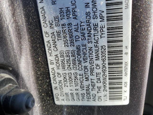 2HKRW2H93KH630525 - 2019 HONDA CR-V TOURI CHARCOAL photo 10