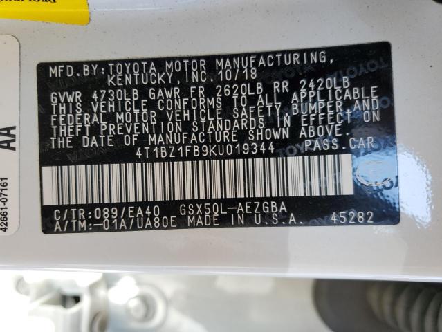 4T1BZ1FB9KU019344 - 2019 TOYOTA AVALON XLE WHITE photo 12