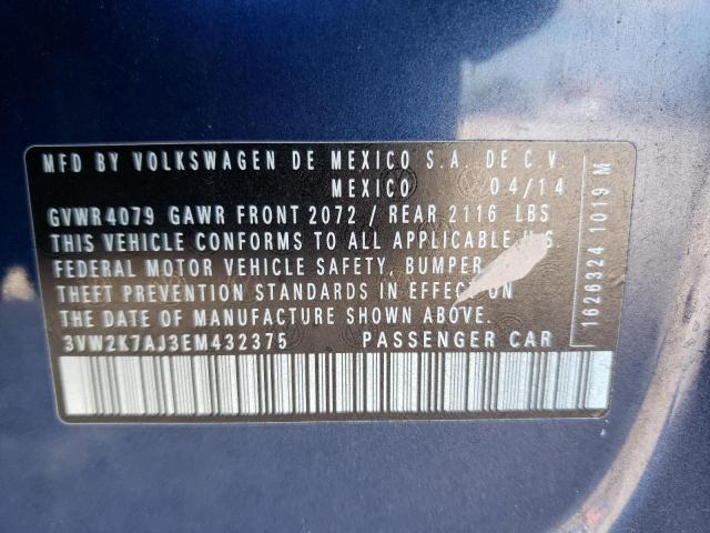 3VW2K7AJ3EM432375 - 2014 VOLKSWAGEN JETTA BASE BLUE photo 10