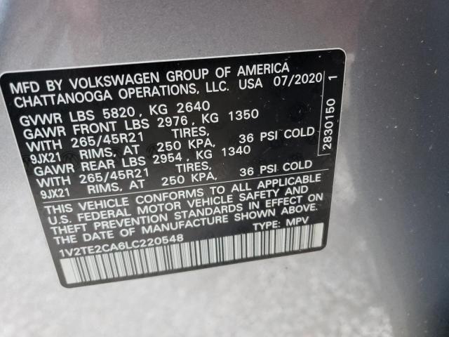 1V2TE2CA6LC220548 - 2020 VOLKSWAGEN ATLAS CROS SILVER photo 10