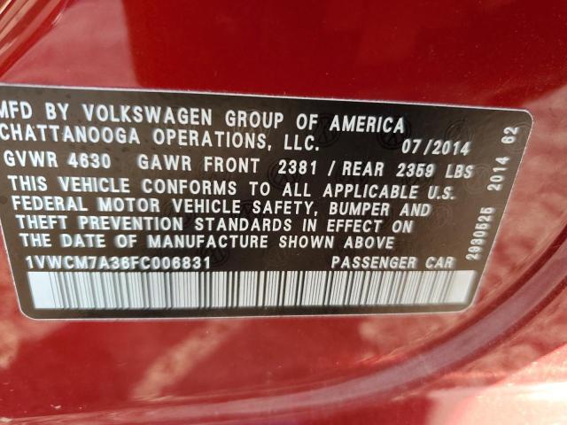 1VWCM7A36FC006831 - 2015 VOLKSWAGEN PASSAT SEL RED photo 10