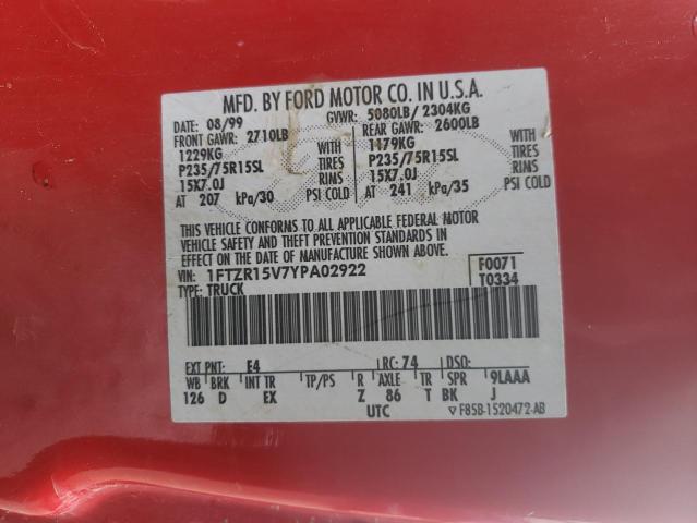 1FTZR15V7YPA02922 - 2000 FORD RANGER SUP RED photo 10