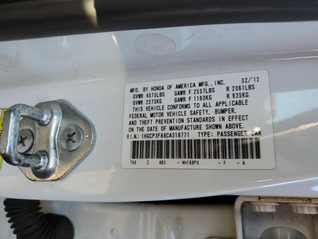 1HGCP3F88CA018771 - 2012 HONDA ACCORD EXL WHITE photo 10