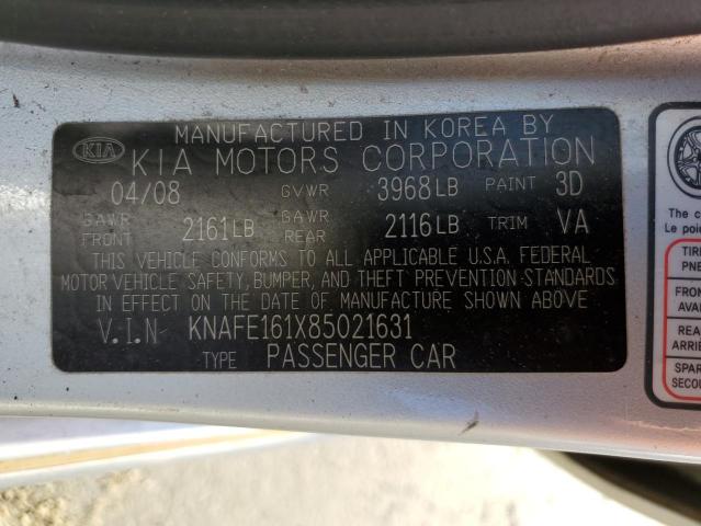 KNAFE161X85021631 - 2008 KIA SPECTRA LX SILVER photo 10