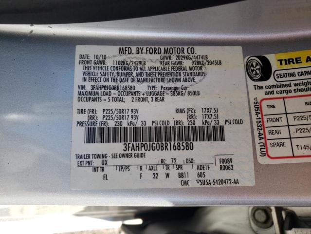 3FAHP0JG0BR168580 - 2011 FORD FUSION SEL SILVER photo 10