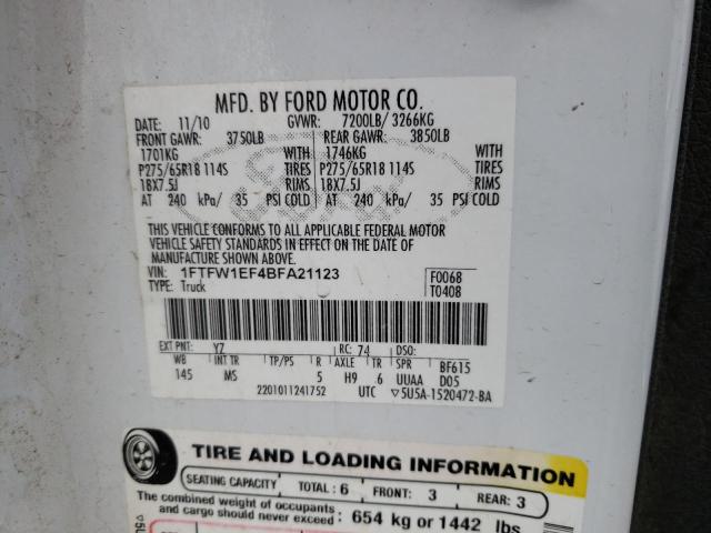 1FTFW1EF4BFA21123 - 2011 FORD F150 WHITE photo 10