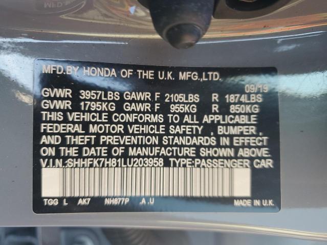 SHHFK7H81LU203958 - 2020 HONDA CIVIC EXL Szary zdjęcie 10