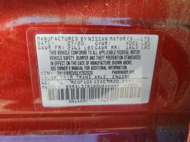 3N1AB8CV6LY262929 - 2020 NISSAN SENTRA SV RED photo 10