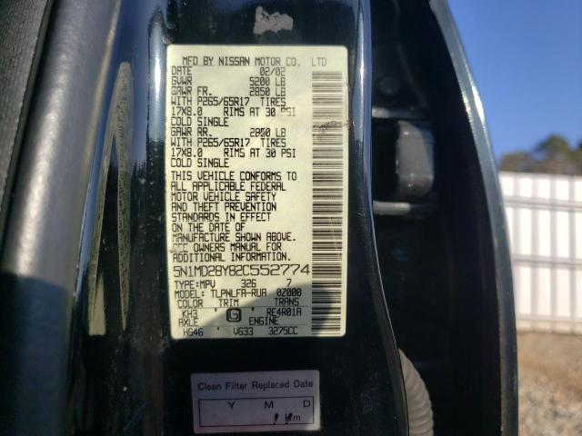 5N1MD28Y82C552774 - 2002 NISSAN XTERRA SE BLACK photo 10