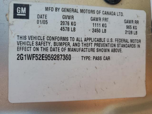 2G1WF52E959287360 - 2005 CHEVROLET IMPALA TAN photo 10