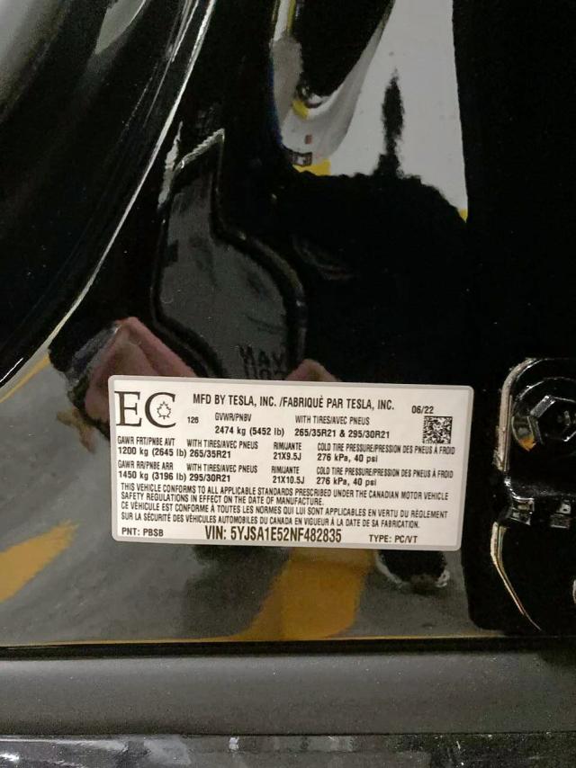 5YJSA1E52NF482835 - 2022 TESLA MODEL S Սև լուսանկար 10