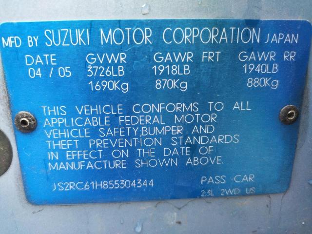 JS2RC61H855304344 - 2005 SUZUKI AERIO SX BLUE photo 10