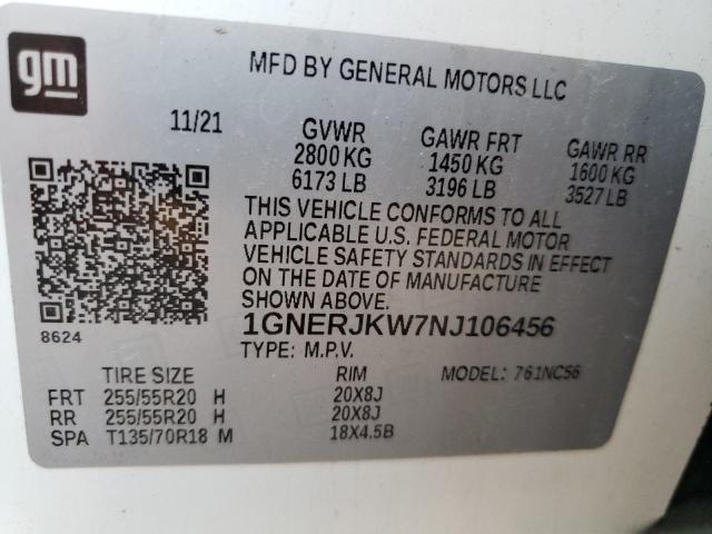 1GNERJKW7NJ106456 - 2022 CHEVROLET TRAVERSE R WHITE photo 10