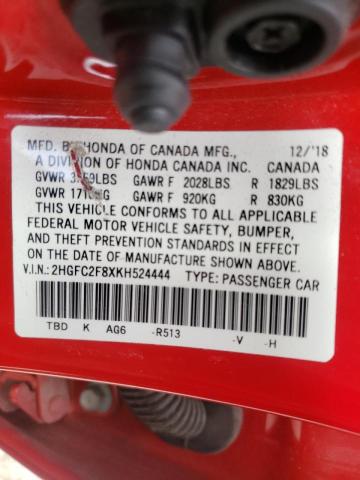2HGFC2F8XKH524444 - 2019 HONDA CIVIC SPOR RED photo 10
