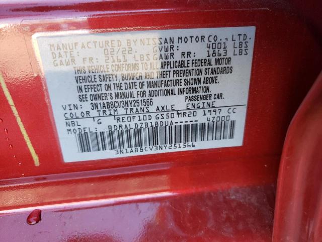 3N1AB8CV3NY251566 - 2022 NISSAN SENTRA SV RED photo 10