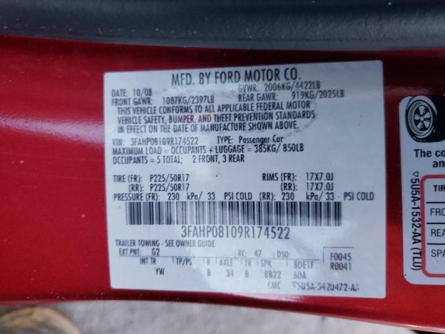 3FAHP08109R174522 - 2009 FORD FUSION SEL RED photo 10