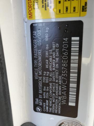 WBAWC73578E067014 - 2008 BMW 335 XI WHITE photo 10