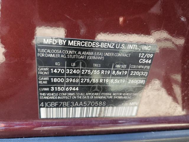 4JGBF7BE3AA570588 - 2010 MERCEDES-BENZ GL 450 4MA BURGUNDY photo 10