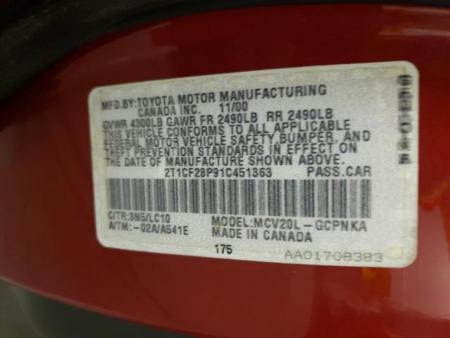 2T1CF28P91C451363 - 2001 TOYOTA CAMRY SOLA RED photo 10