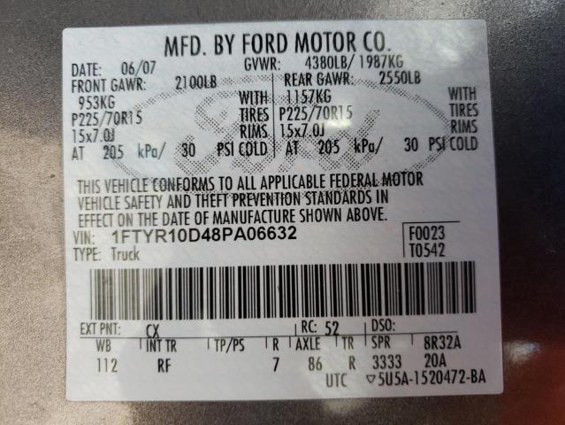 1FTYR10D48PA06632 - 2008 FORD RANGER CHARCOAL photo 10