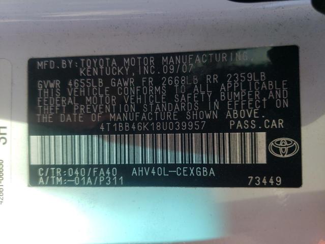 4T1BB46K18U039957 - 2008 TOYOTA CAMRY HYBR WHITE photo 10