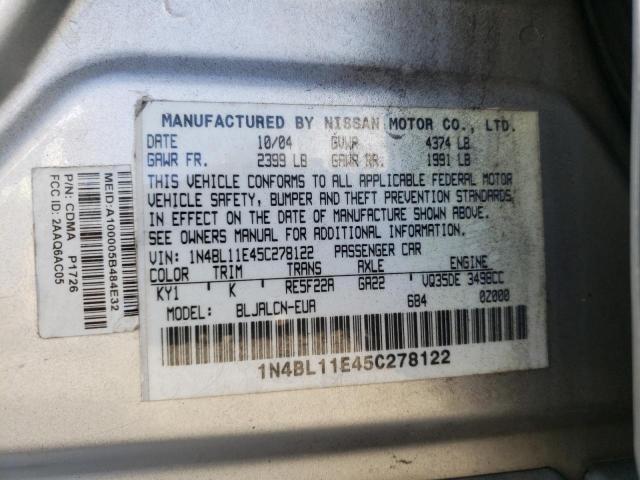 1N4BL11E45C278122 - 2005 NISSAN ALTIMA SE SILVER photo 10