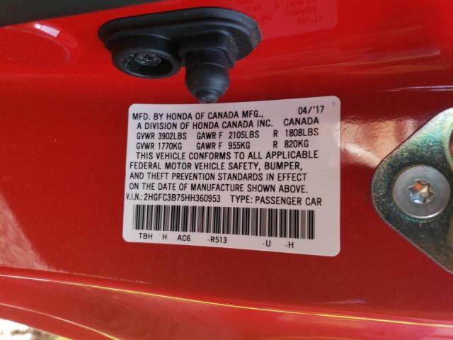 2HGFC3B75HH360953 - 2017 HONDA CIVIC EXL Qırmızı foto 10