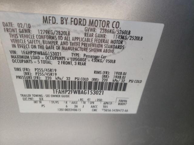 1FAHP2FW8AG153021 - 2010 FORD TAURUS LIM SILVER photo 10