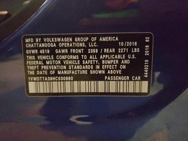 1VWDT7A39HC030860 - 2017 VOLKSWAGEN PASSAT R-L BLUE photo 10