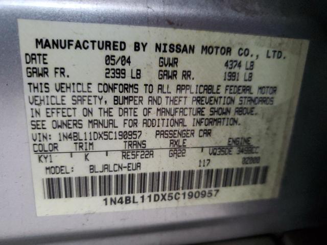 1N4BL11DX5C190957 - 2005 NISSAN ALTIMA SE SILVER photo 10