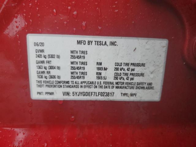 5YJYGDEF7LF023817 - 2020 TESLA MODEL Y RED photo 10