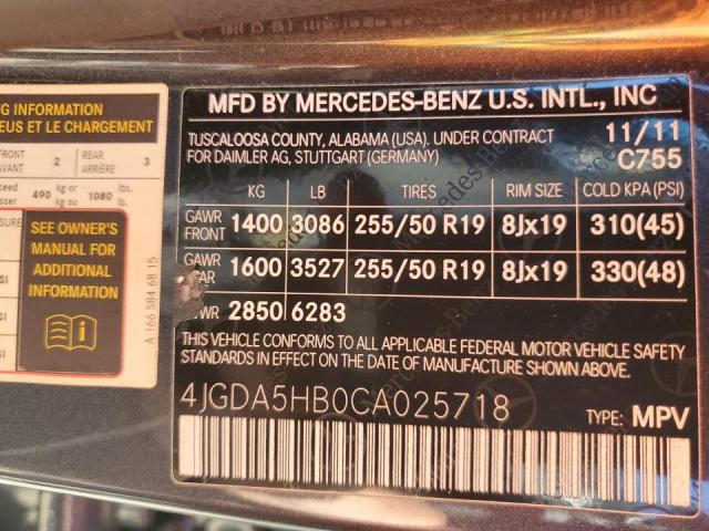 4JGDA5HB0CA025718 - 2012 MERCEDES-BENZ ML 350 4MA GRAY photo 10