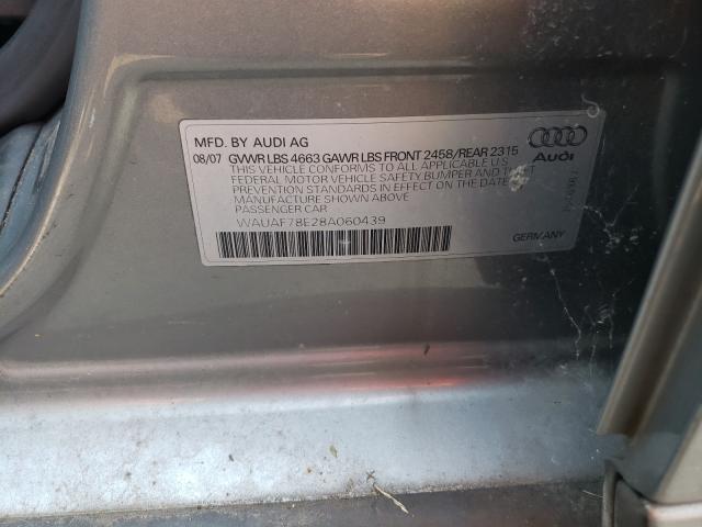 WAUAF78E28A060439 - 2008 AUDI A4 2.0T SILVER photo 10