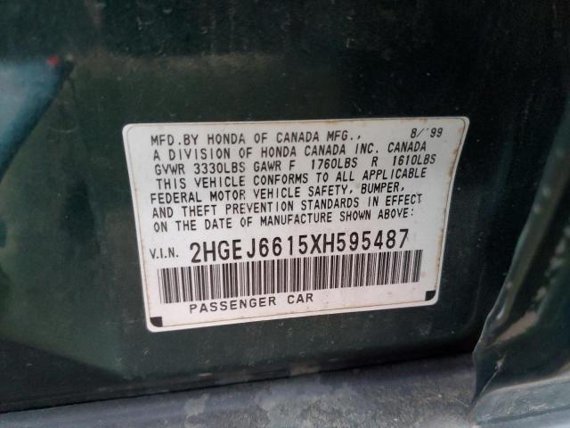 2HGEJ6615XH595487 - 1999 HONDA CIVIC BASE GREEN photo 10