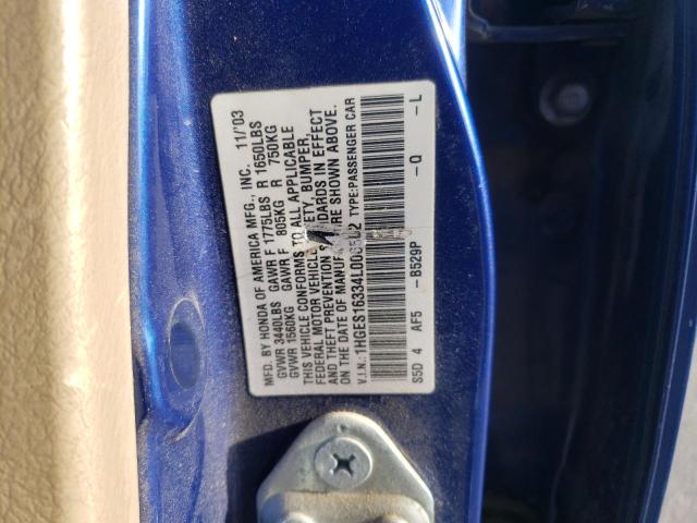 1HGES16334L006582 - 2004 HONDA CIVIC DX V BLUE photo 10