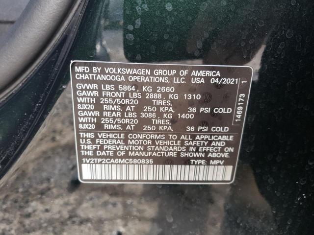 1V2TP2CA6MC580835 - 2021 VOLKSWAGEN ATLAS SEL Yaşıl foto 10