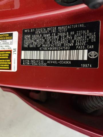 4T1BE46K88U247583 - 2008 TOYOTA CAMRY CE RED photo 10