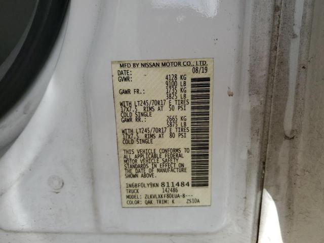 1N6BF0LY9KN811484 - 2019 NISSAN NV 2500 S WHITE photo 10