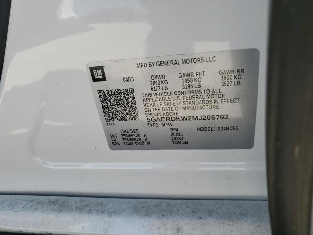 5GAERDKW2MJ205793 - 2021 BUICK ENCLAVE AV WHITE photo 10