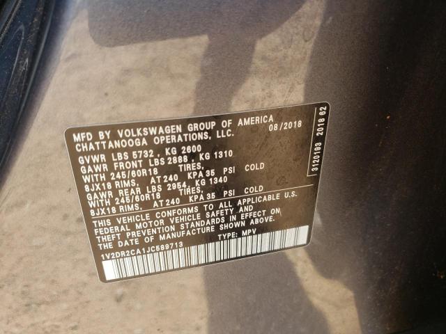 1V2DR2CA1JC589713 - 2018 VOLKSWAGEN ATLAS SE CHARCOAL photo 10