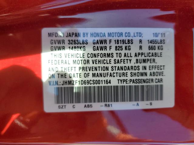 JHMZF1D69CS001164 - 2012 HONDA CR-Z EX RED photo 10