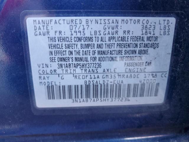 3N1AB7AP5HY377236 - 2017 NISSAN SENTRA BLUE photo 10