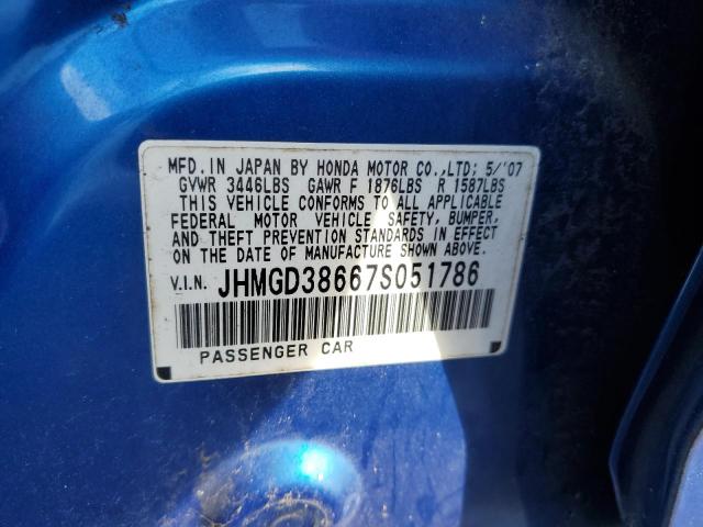 JHMGD38667S051786 - 2007 HONDA FIT S 蓝色 照片 10