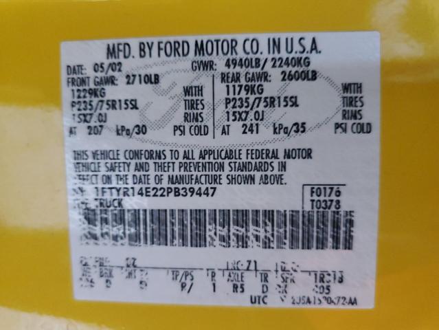 1FTYR14E22PB39447 - 2002 FORD RANGER SUP YELLOW photo 10