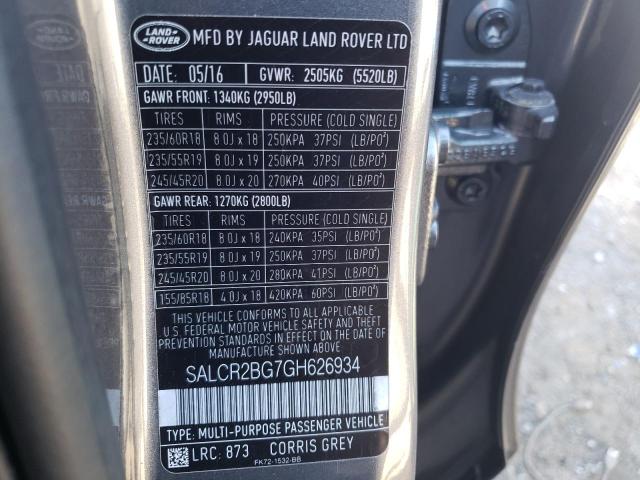 SALCR2BG7GH626934 - 2016 LAND ROVER DISCOVERY GRAY photo 10