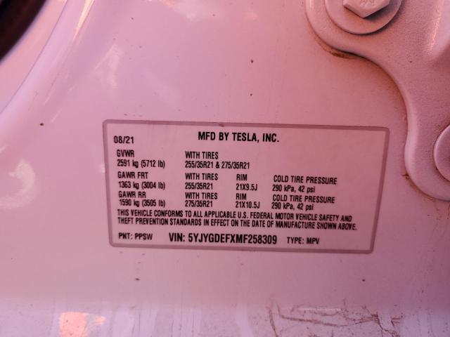 5YJYGDEFXMF258309 - 2021 TESLA MODEL Y Blanc photo 10