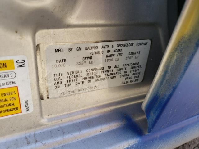 KL1TD66667B742179 - 2007 CHEVROLET AVEO BASE GRAY photo 10